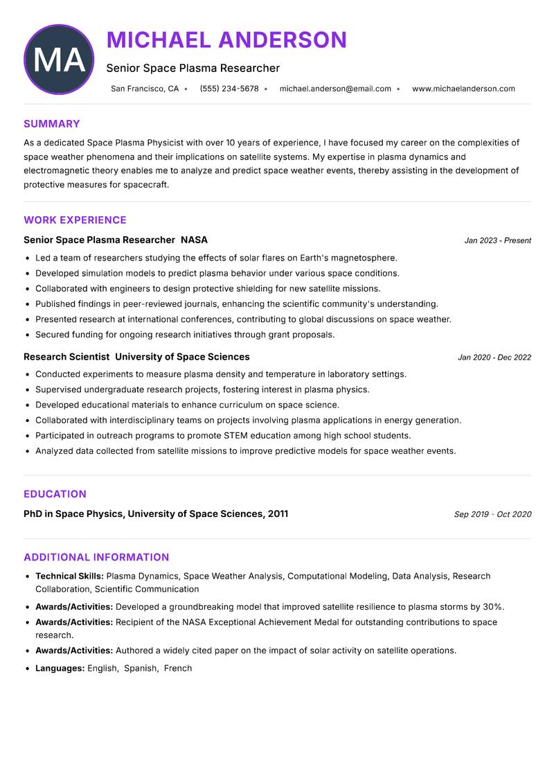 Space Plasma Physicist Resume Preview Example