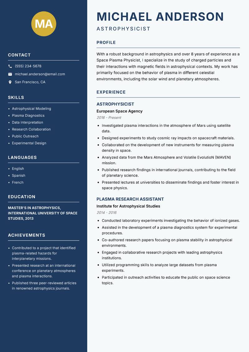 Space Plasma Physicist Resume Preview Example