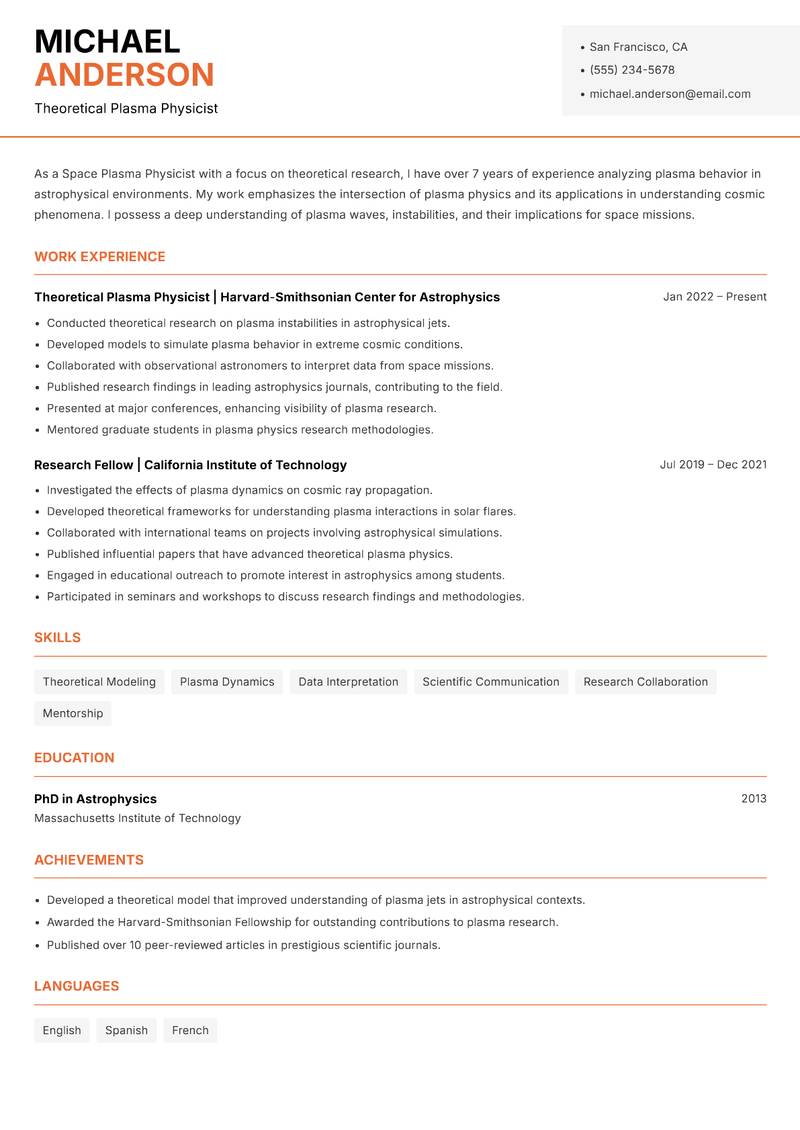 Space Plasma Physicist Resume Template