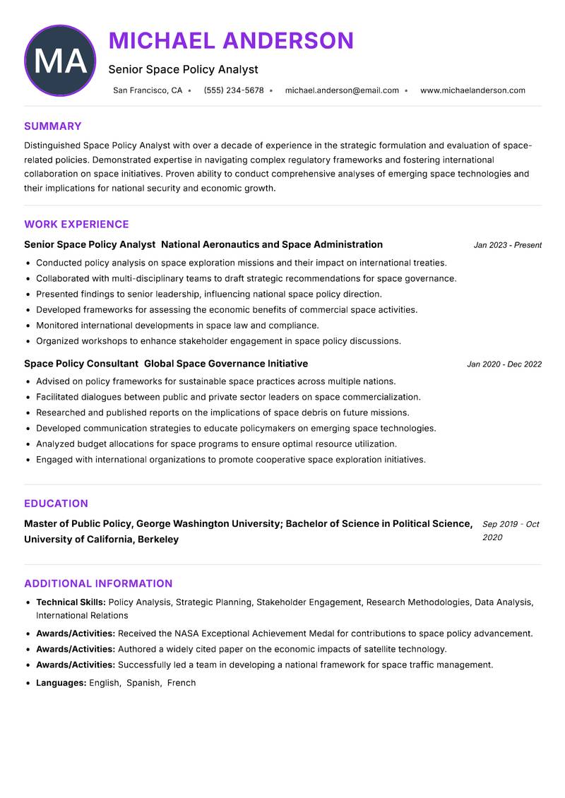 Space Policy Analyst Resume Preview Example