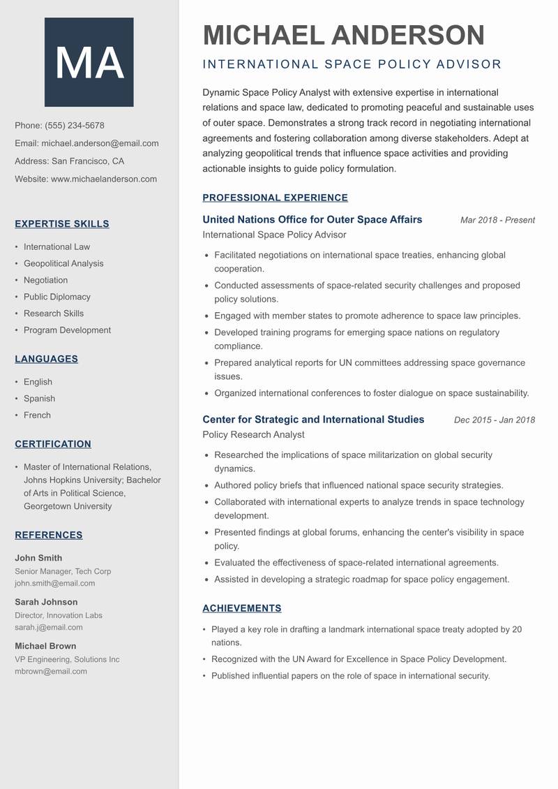 Space Policy Analyst Resume Preview Example