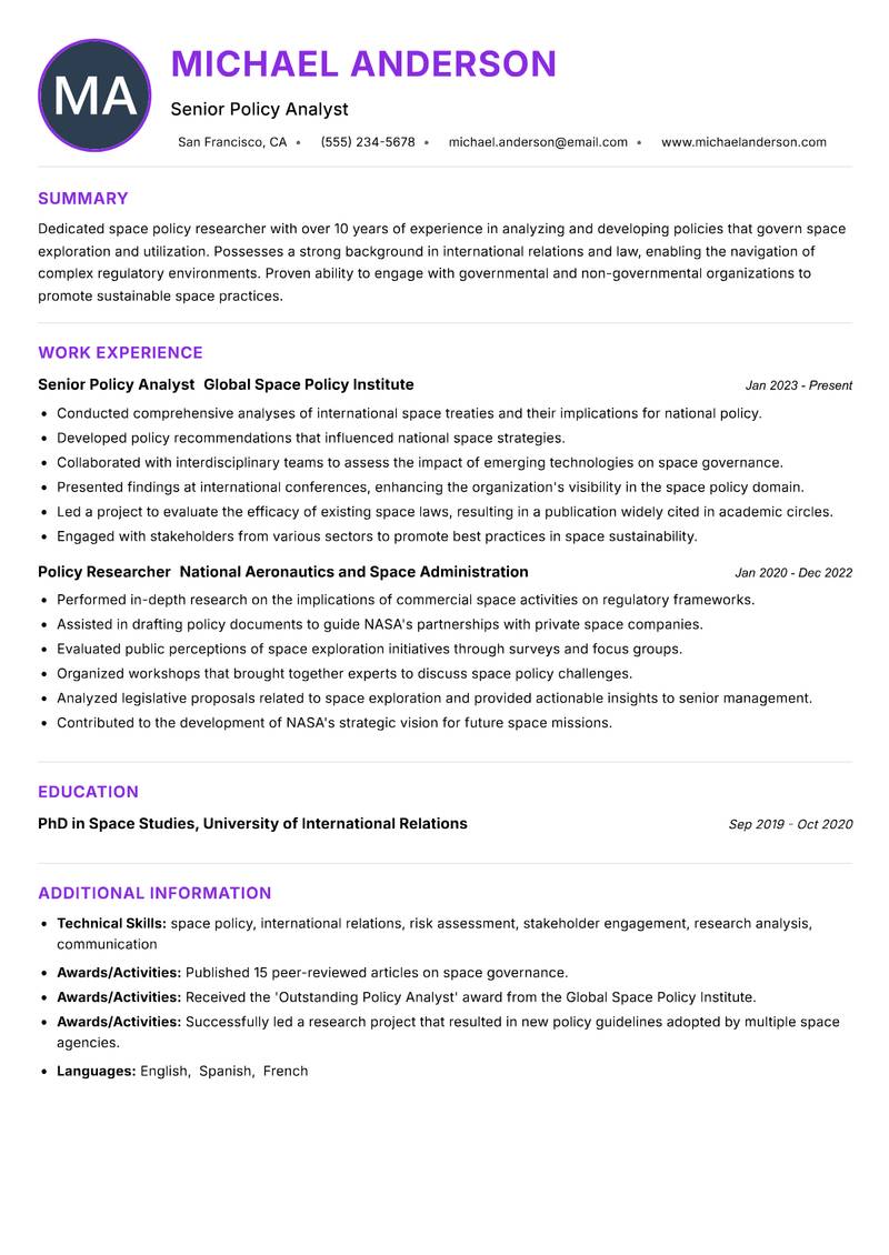 Space Policy Researcher Resume Preview Example