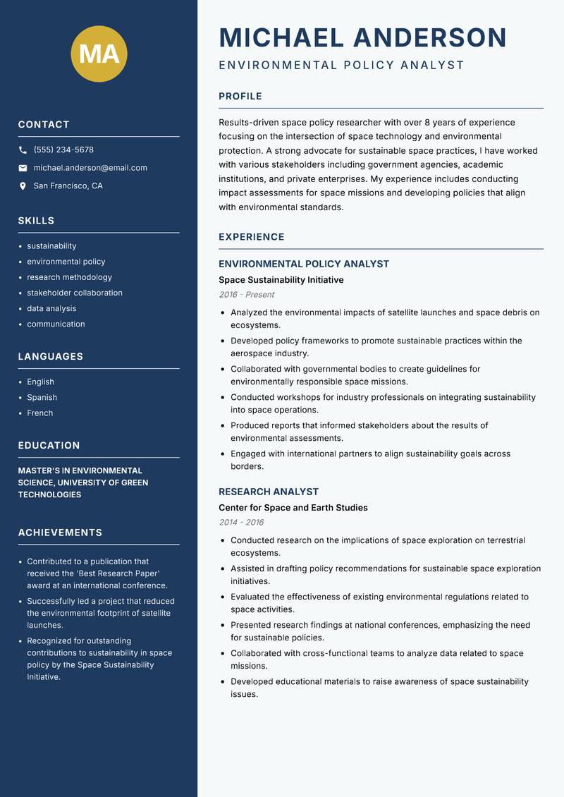 Space Policy Researcher Resume Preview Example