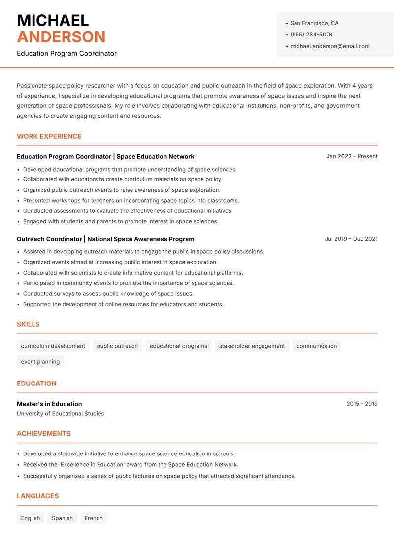 Space Policy Researcher Resume Template
