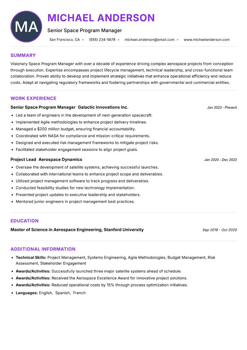 Space Program Manager Resume Preview Example