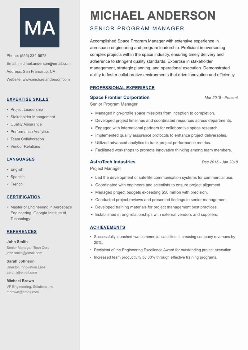 Space Program Manager Resume Preview Example