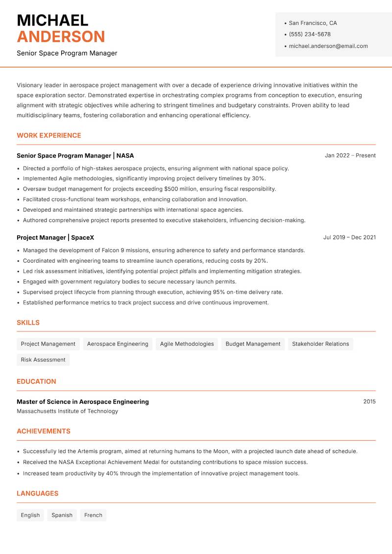 Space Program Manager Resume Template