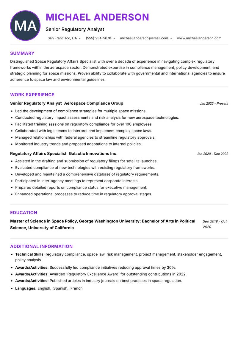 Space Regulatory Affairs Specialist Resume Preview Example