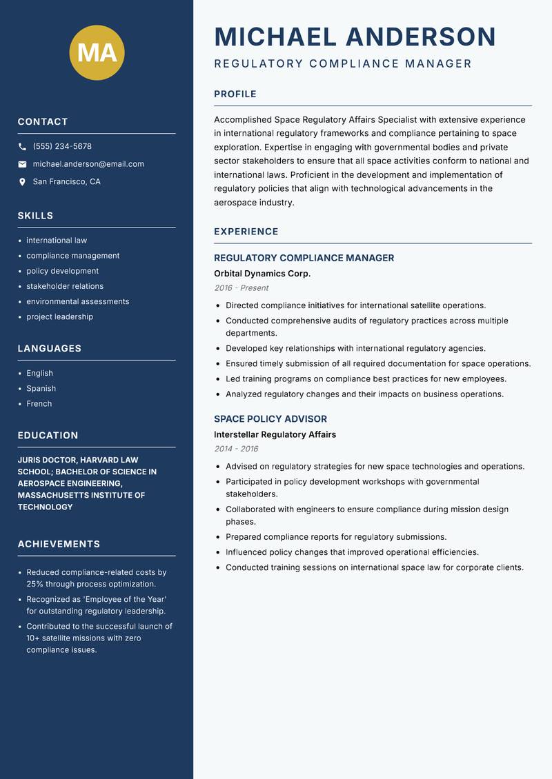 Space Regulatory Affairs Specialist Resume Preview Example