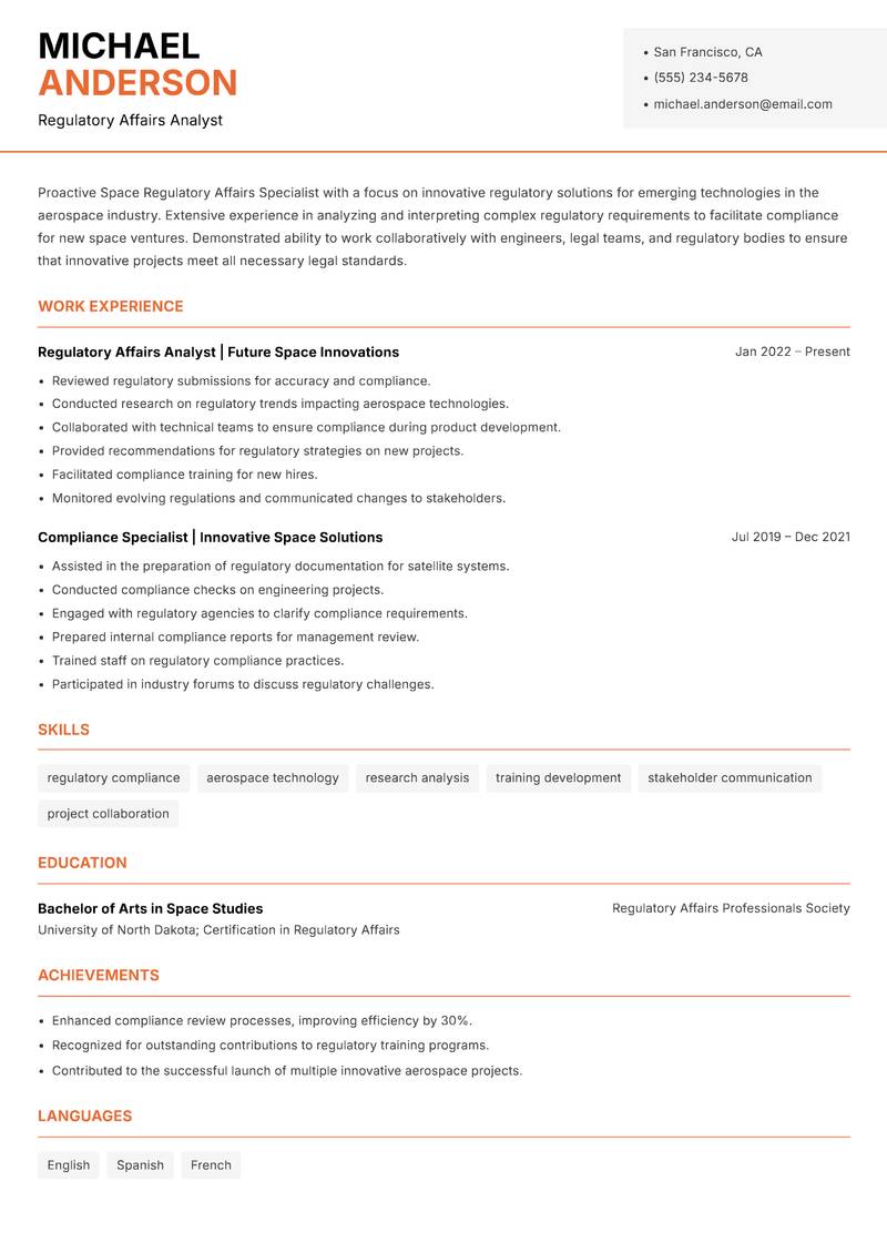 Space Regulatory Affairs Specialist Resume Template