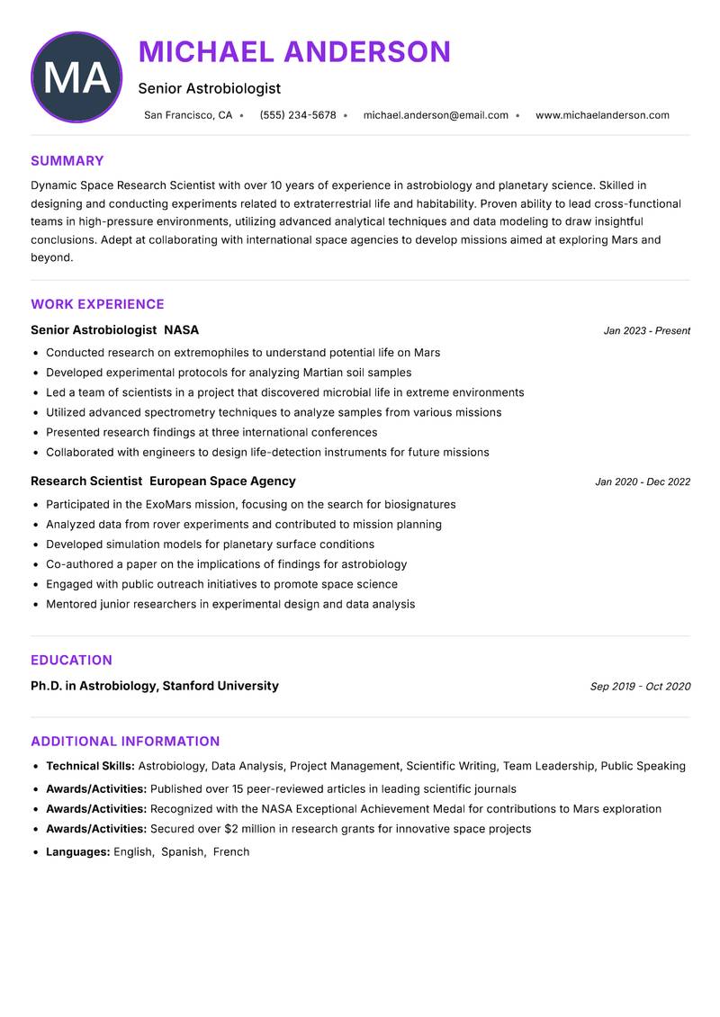 Space Research Scientist Resume Preview Example