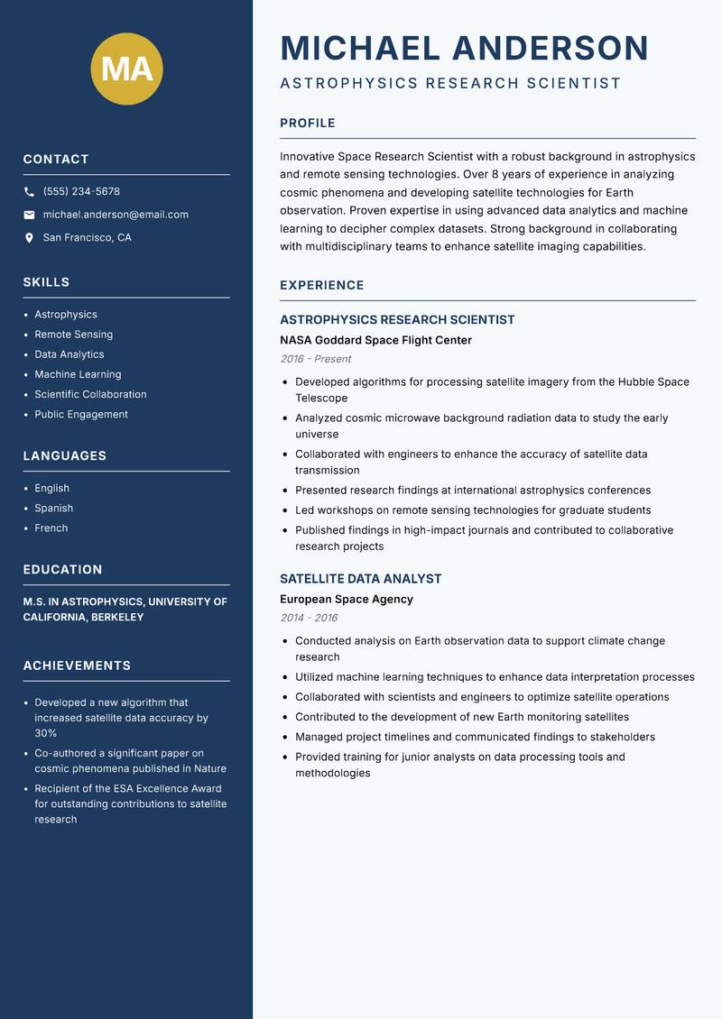 Space Research Scientist Resume Preview Example