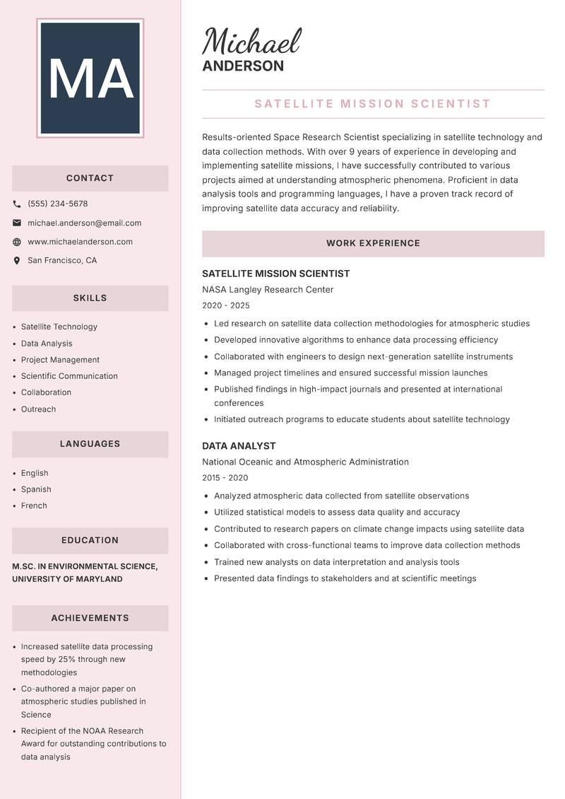 Space Research Scientist Resume Preview Example