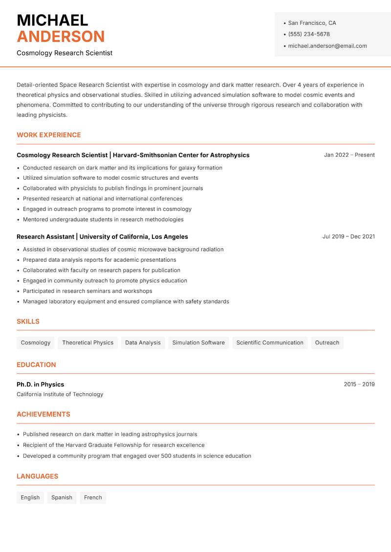 Space Research Scientist Resume Template