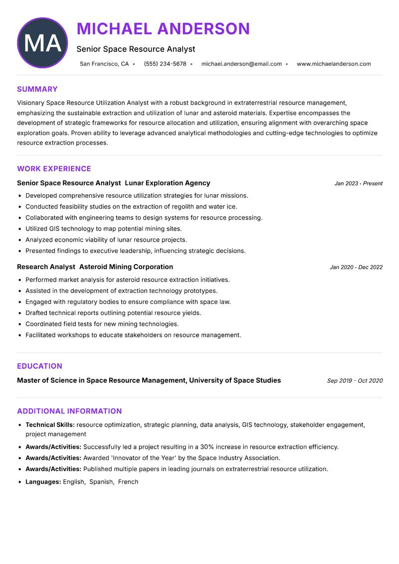 Space Resource Utilization Analyst Resume Preview Example