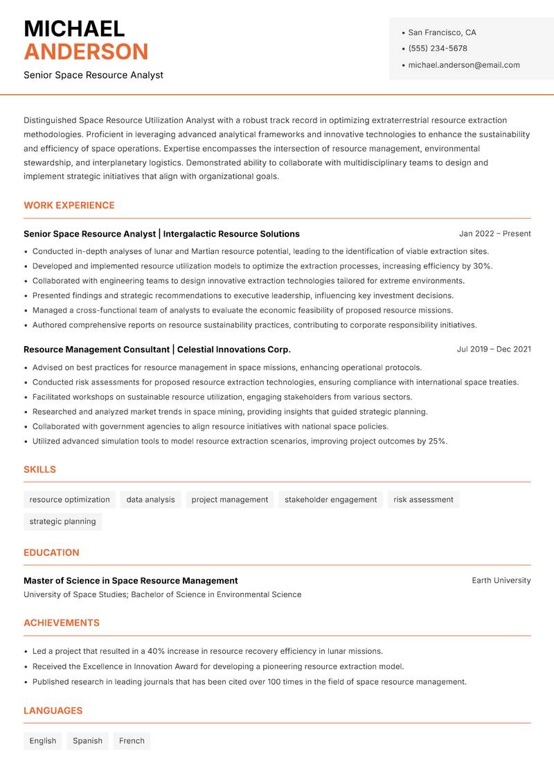 Space Resource Utilization Analyst Resume Template