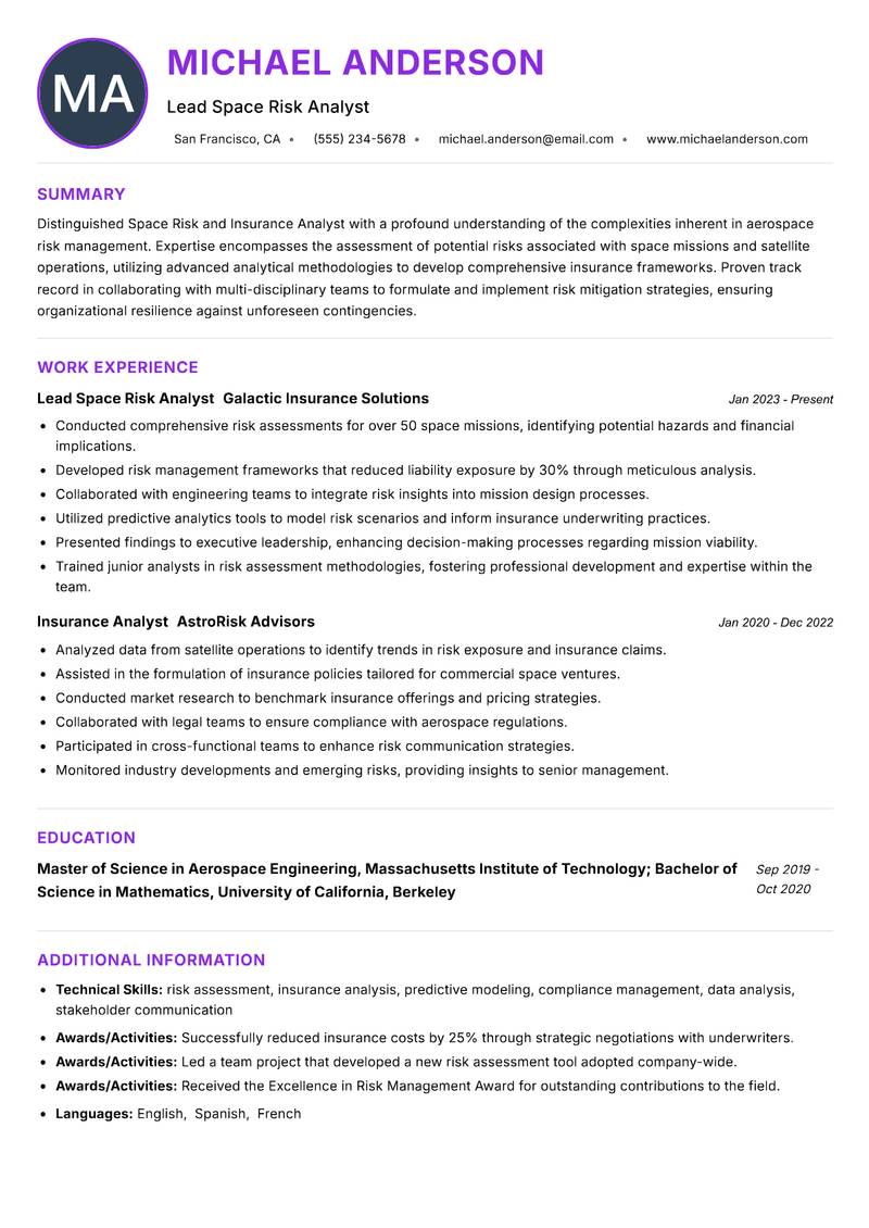Space Risk and Insurance Analyst Resume Preview Example