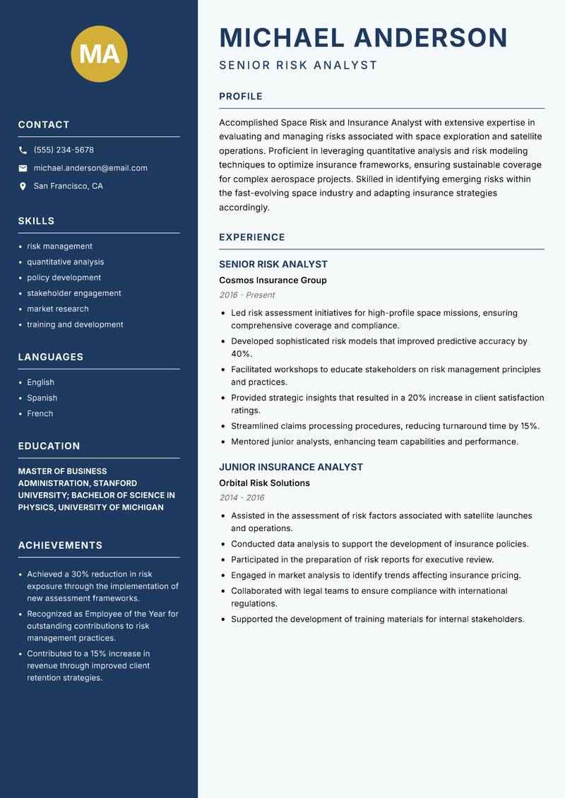 Space Risk and Insurance Analyst Resume Preview Example