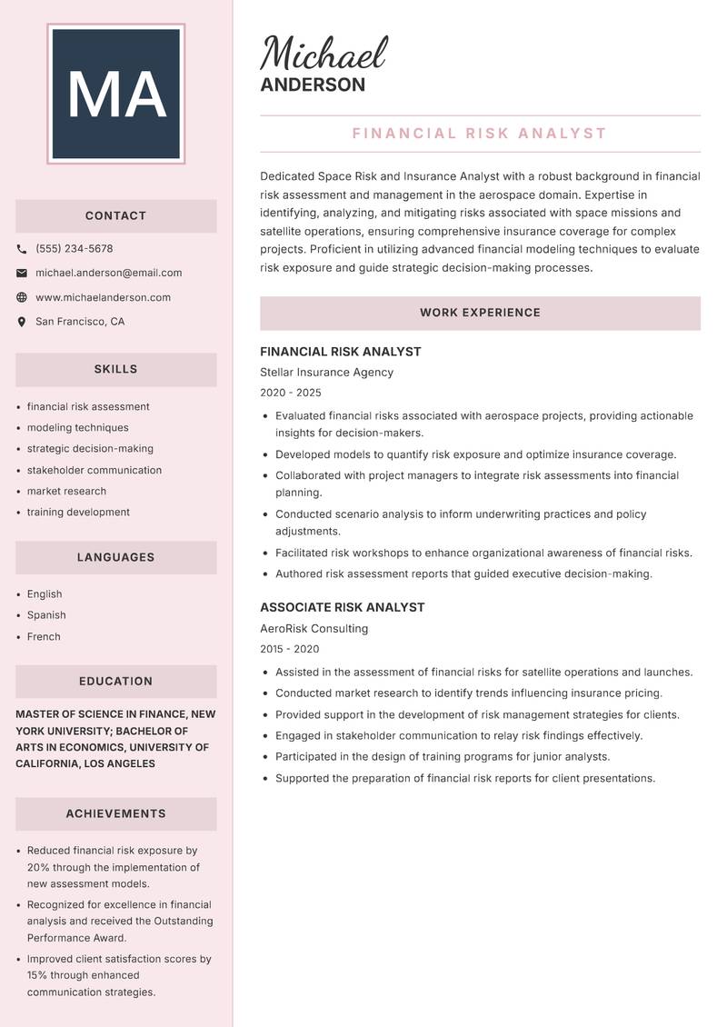 Space Risk and Insurance Analyst Resume Preview Example