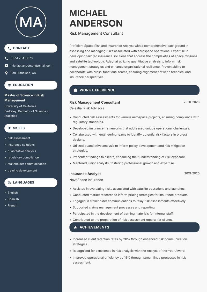 Space Risk and Insurance Analyst Resume Preview Example