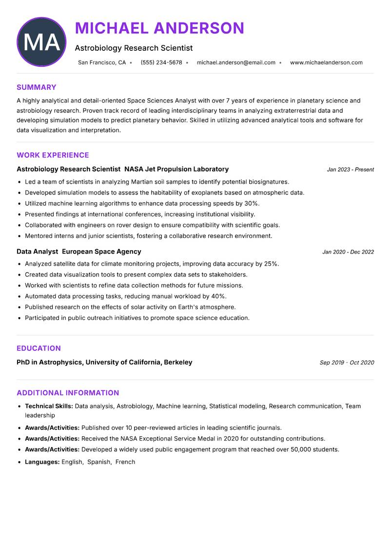 Space Sciences Analyst Resume Preview Example