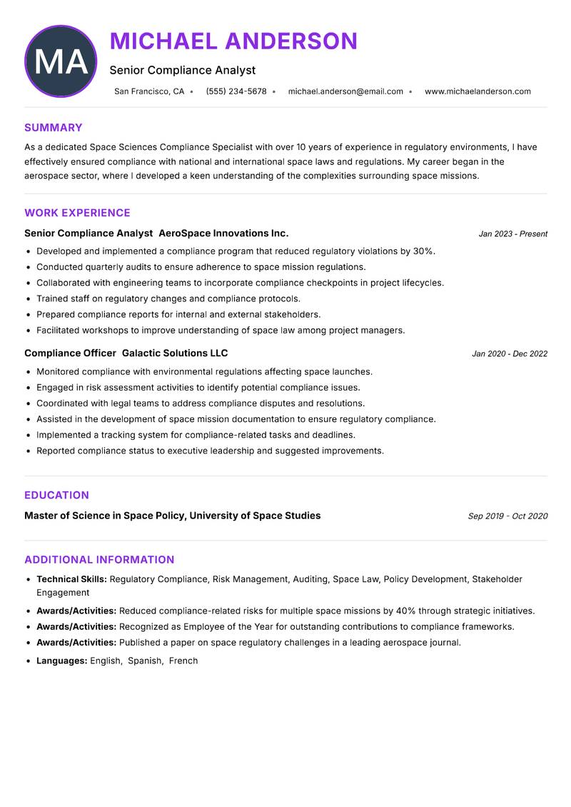 Space Sciences Compliance Specialist Resume Preview Example