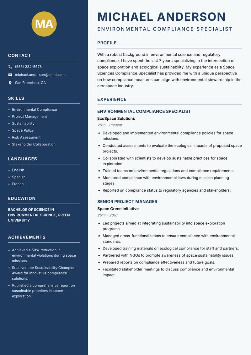 Space Sciences Compliance Specialist Resume Preview Example