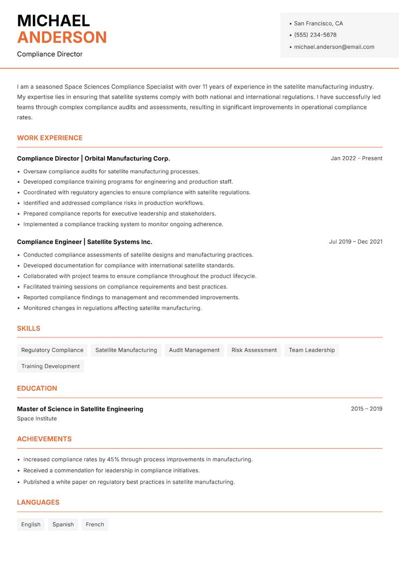Space Sciences Compliance Specialist Resume Template