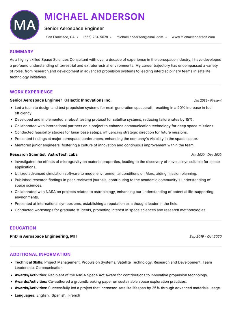 Space Sciences Consultant Resume Preview Example