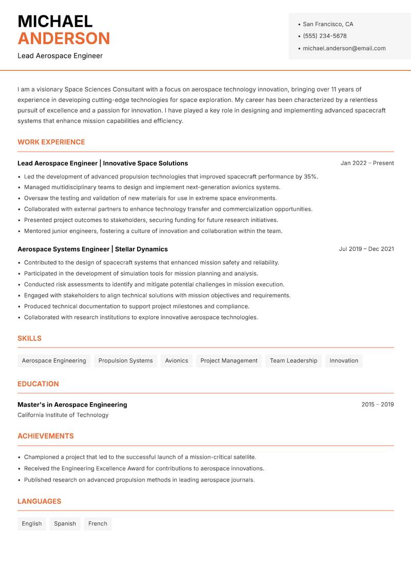 Space Sciences Consultant Resume Template
