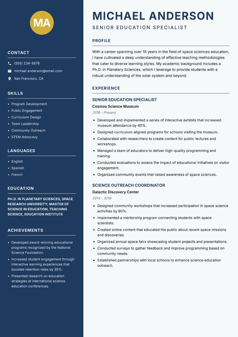 Space Sciences Educator Resume Preview Example