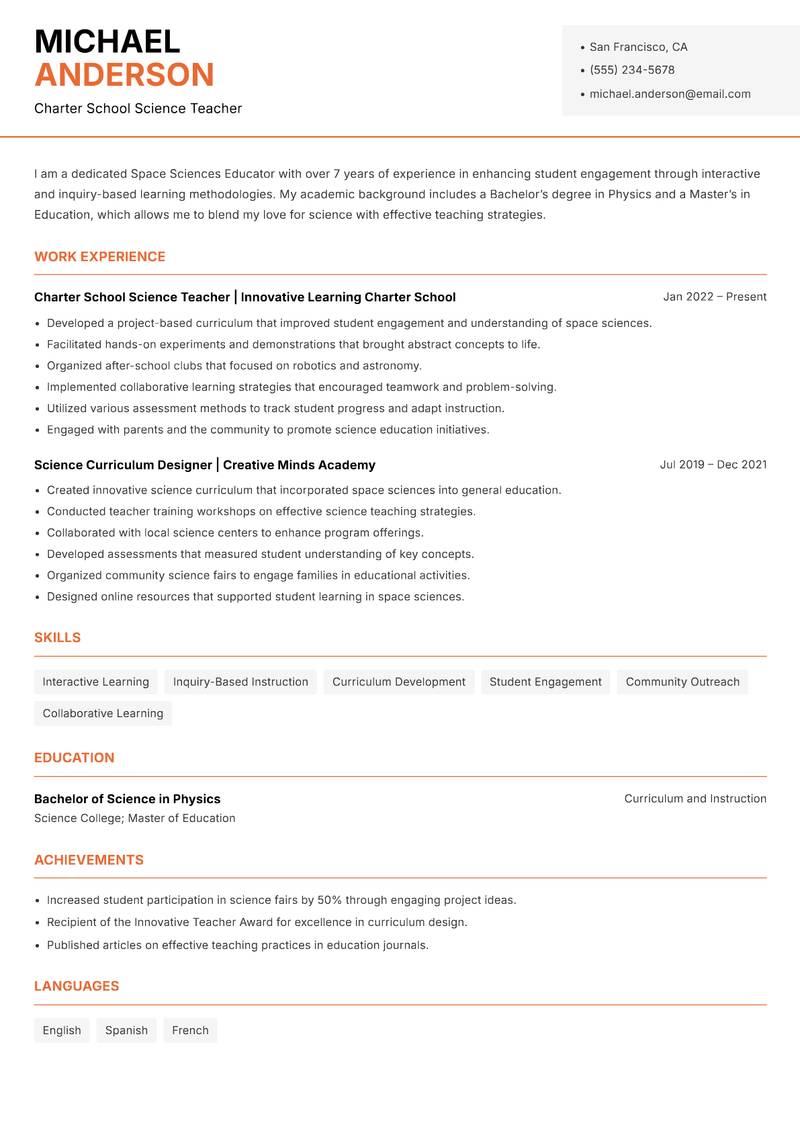 Space Sciences Educator Resume Template