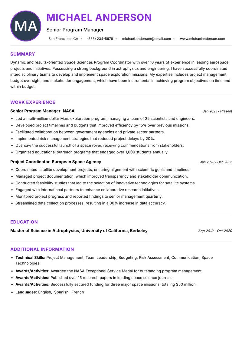 Space Sciences Program Coordinator Resume Preview Example