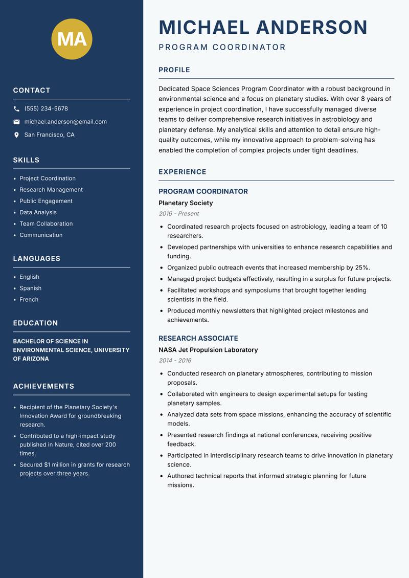Space Sciences Program Coordinator Resume Preview Example