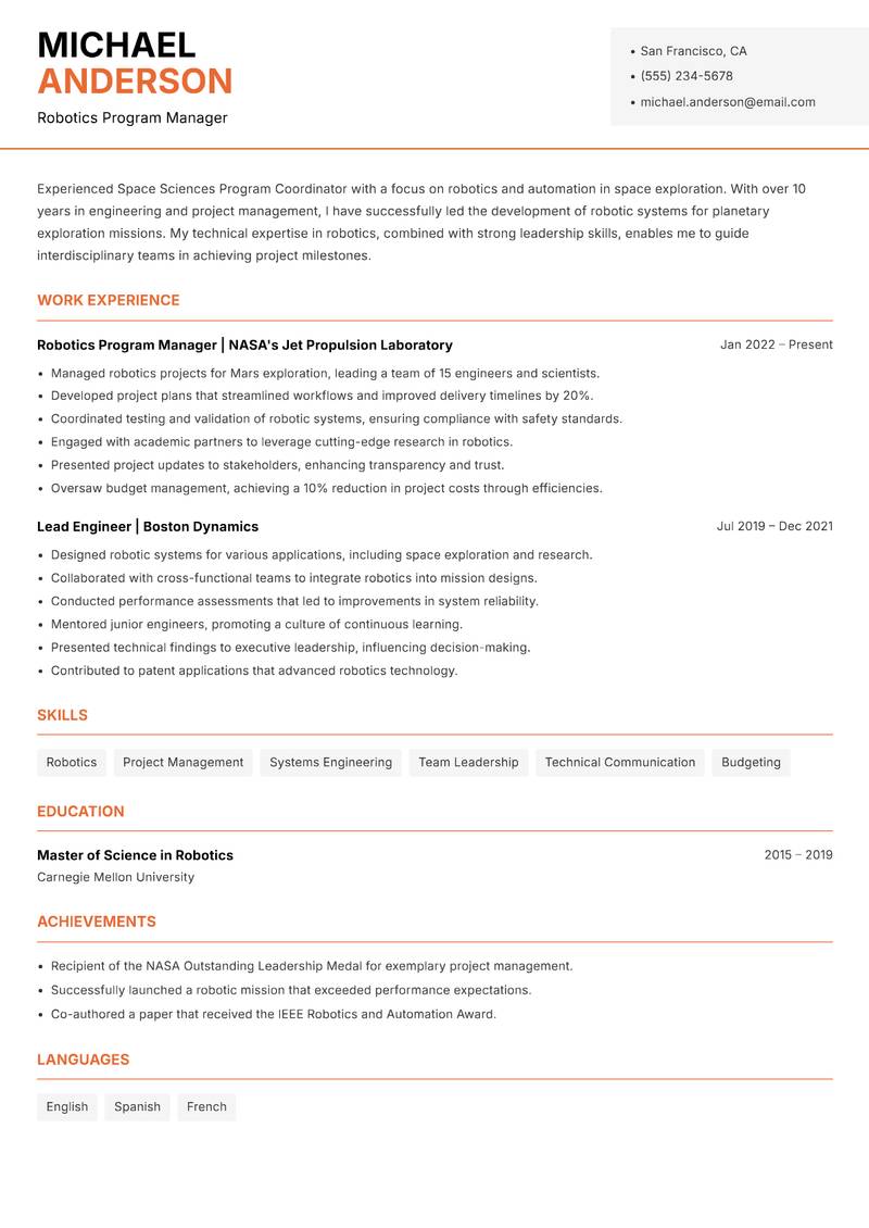 Space Sciences Program Coordinator Resume Template