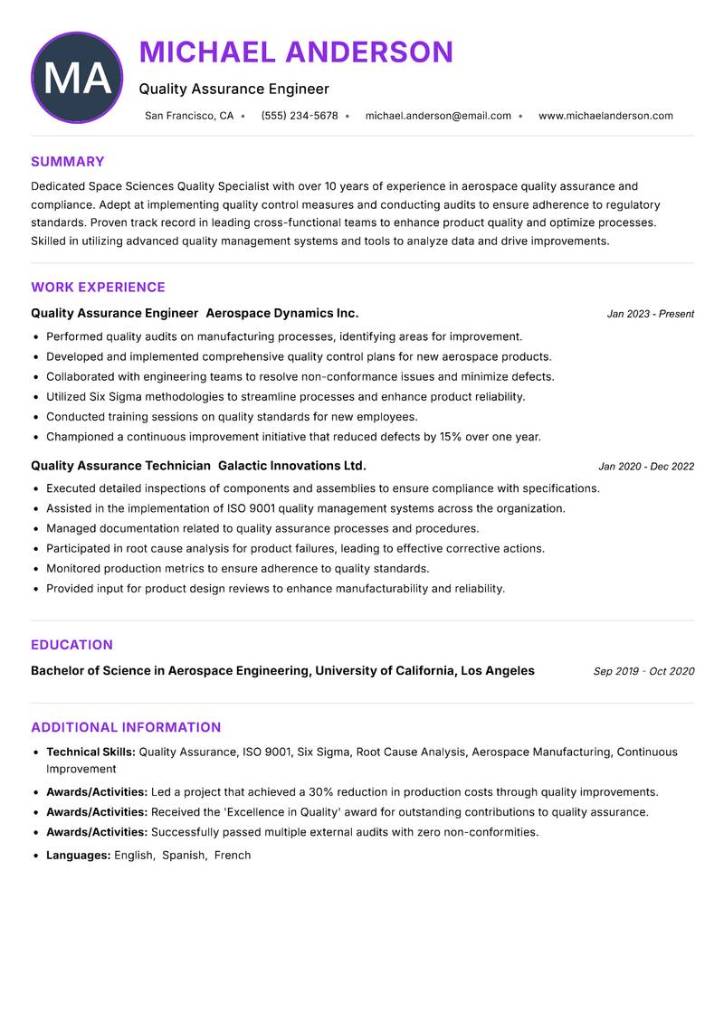 Space Sciences Quality Specialist Resume Preview Example