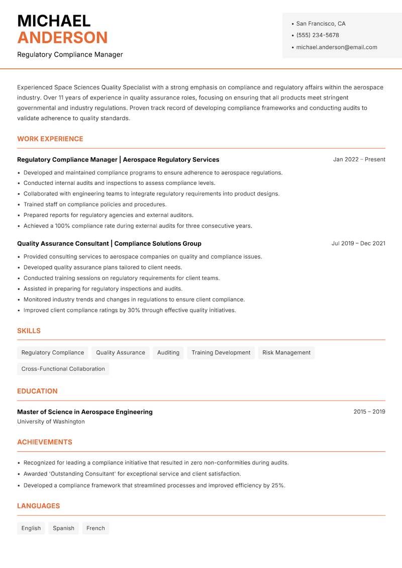 Space Sciences Quality Specialist Resume Template