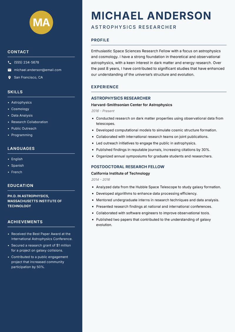 Space Sciences Research Fellow Resume Preview Example