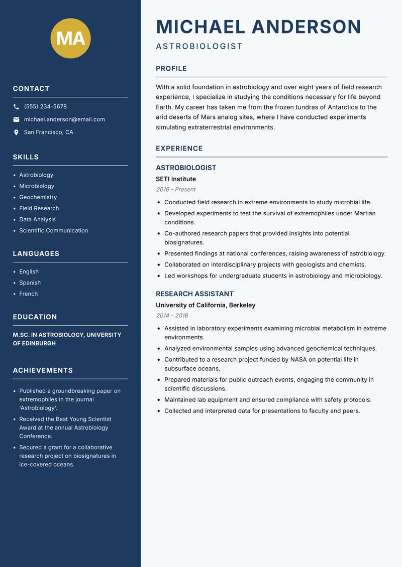 Space Sciences Researcher Resume Preview Example