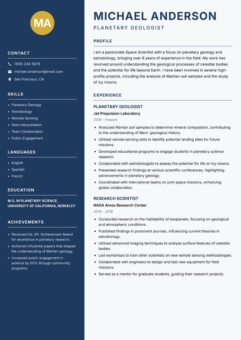 Space Scientist Resume Preview Example
