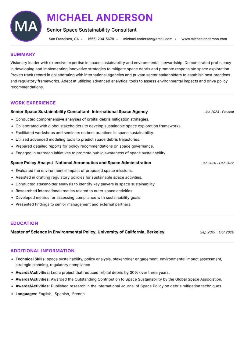Space Sustainability Officer Resume Preview Example