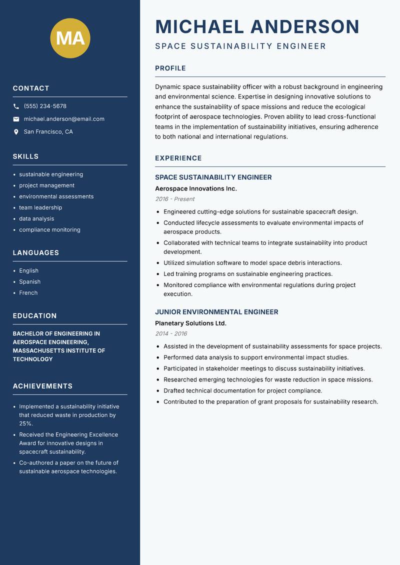 Space Sustainability Officer Resume Preview Example