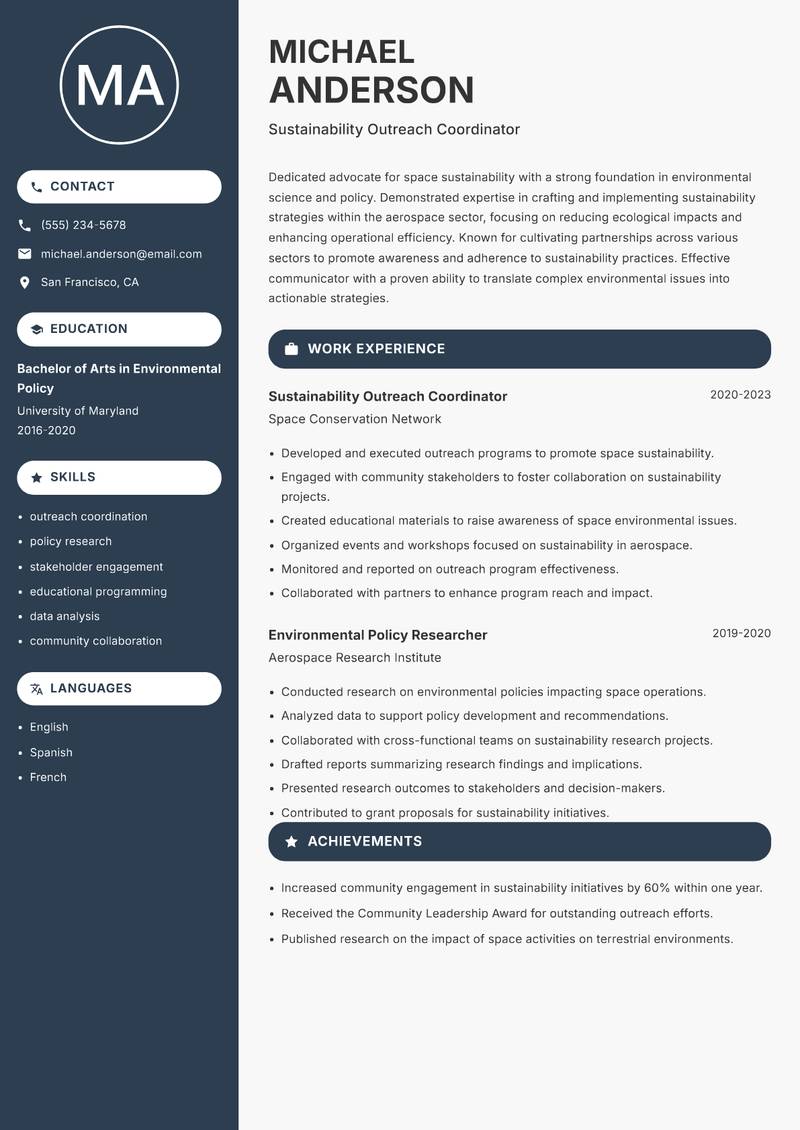 Space Sustainability Officer Resume Preview Example