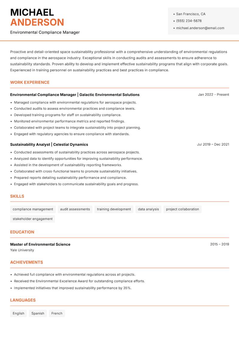 Space Sustainability Officer Resume Template