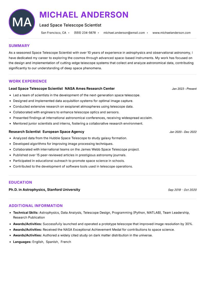 Space Telescope Scientist Resume Preview Example