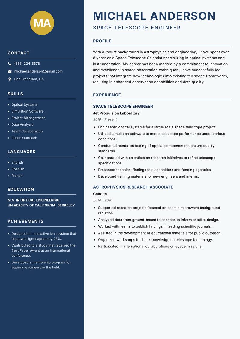 Space Telescope Scientist Resume Preview Example