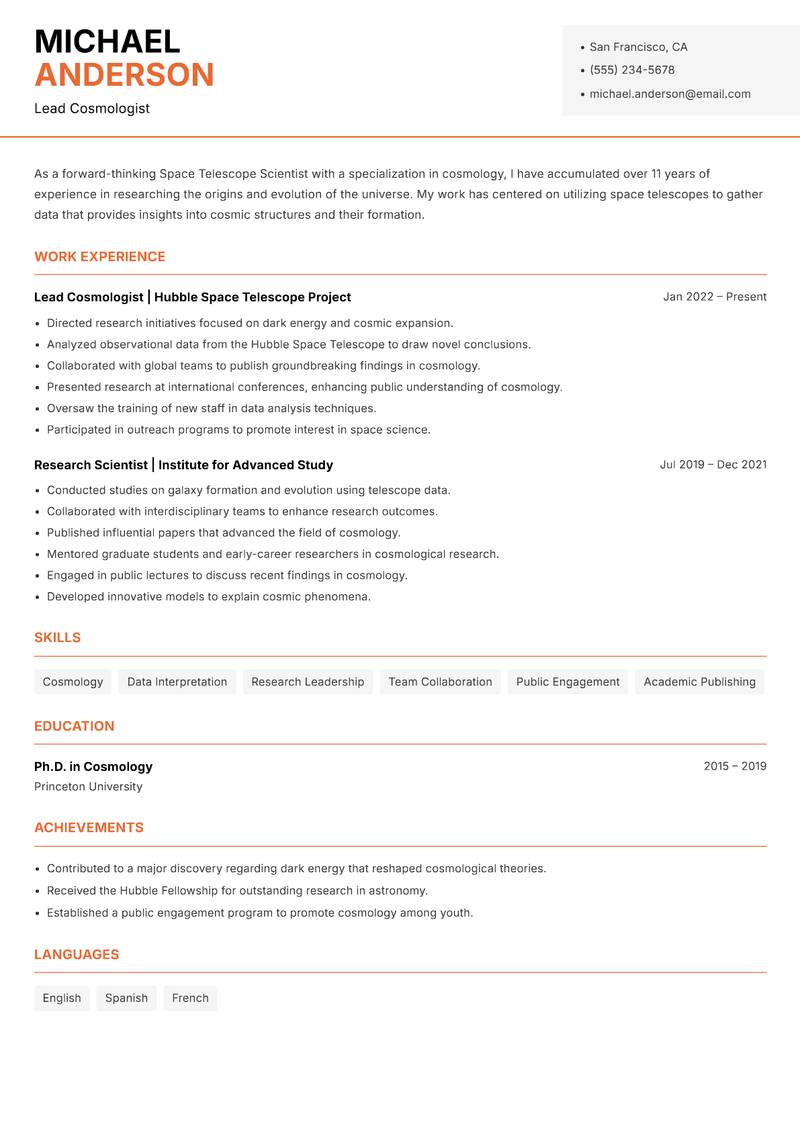 Space Telescope Scientist Resume Template