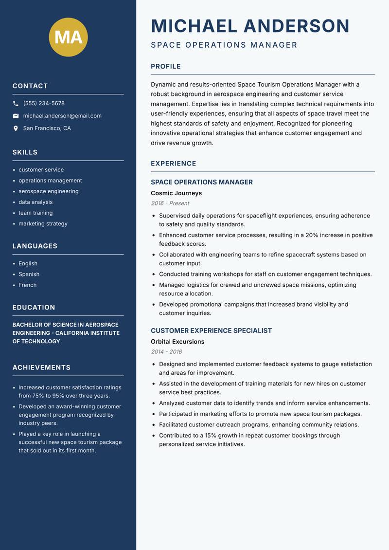 Space Tourism Operations Manager Resume Preview Example