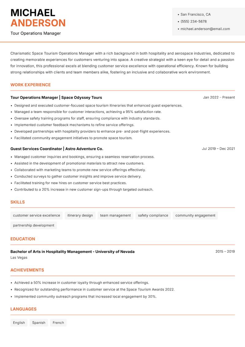 Space Tourism Operations Manager Resume Template