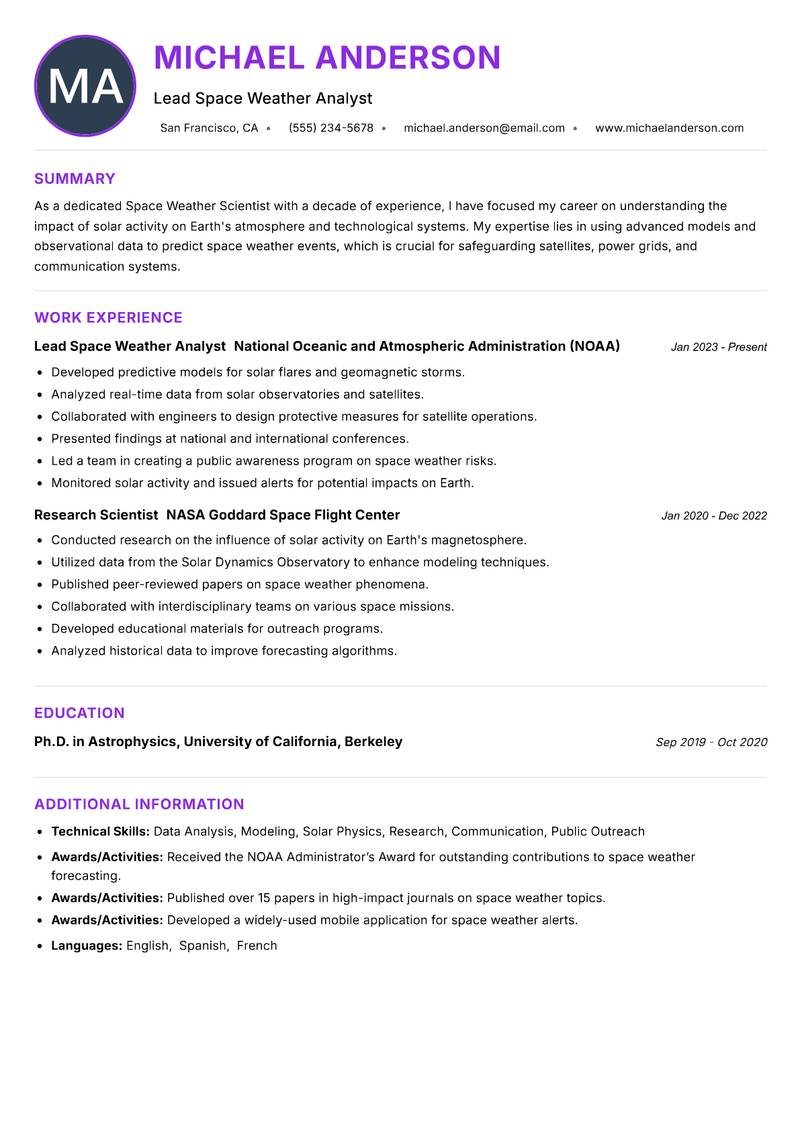 Space Weather Scientist Resume Preview Example